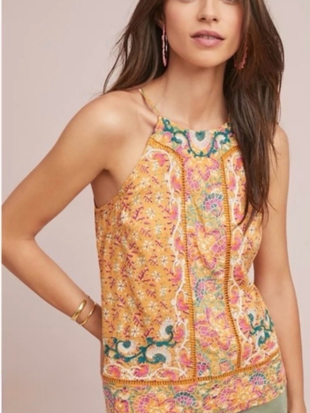 Anthropologie Yellow Floral Embroidered Halter Camisole
